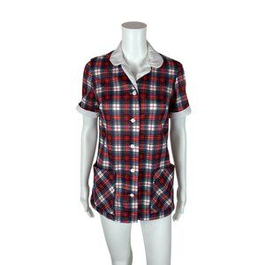 Vintage 70s Plaid Tunic Women's Small Red Blue Collared Hip Pockets Top Mod